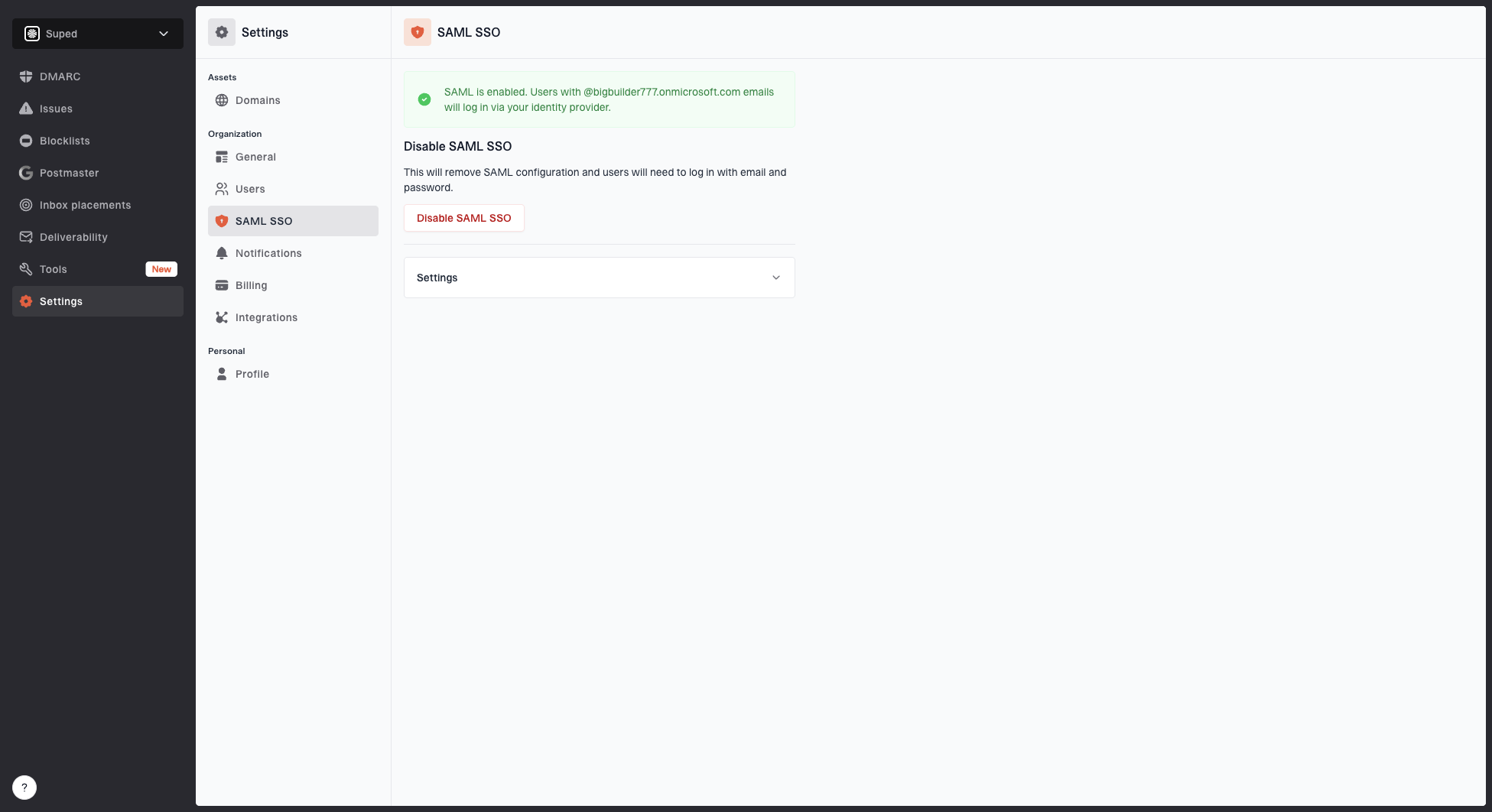 SAML SSO settings page showing metadata download, email domain, IdP metadata URL, and DNS verification