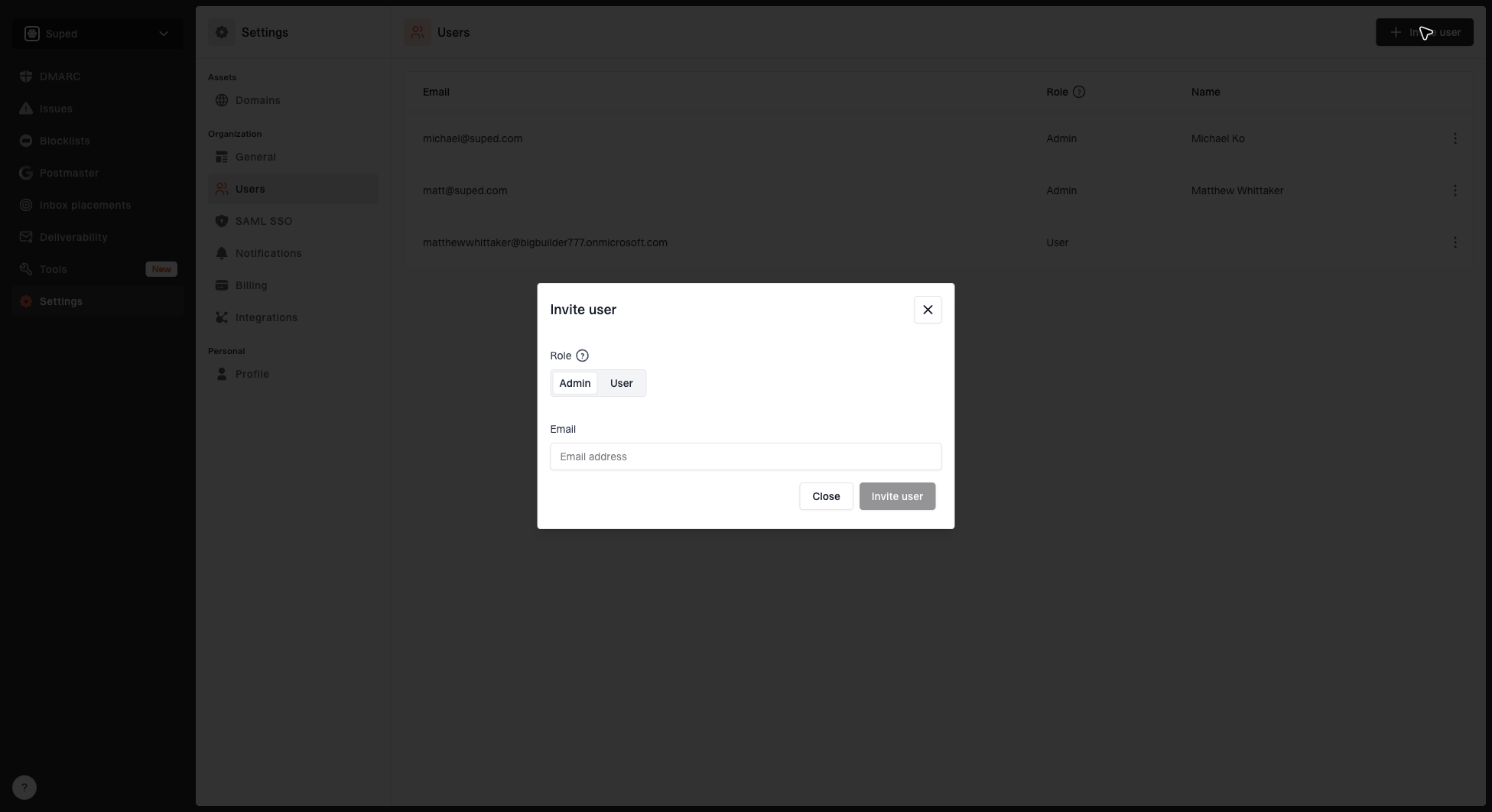 Invite user dialog showing role selection and email address input