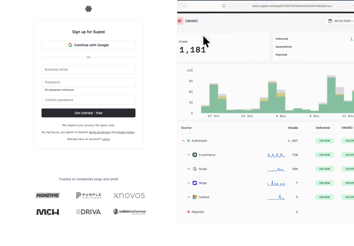 Suped signup page showing Google OAuth and business email account creation options