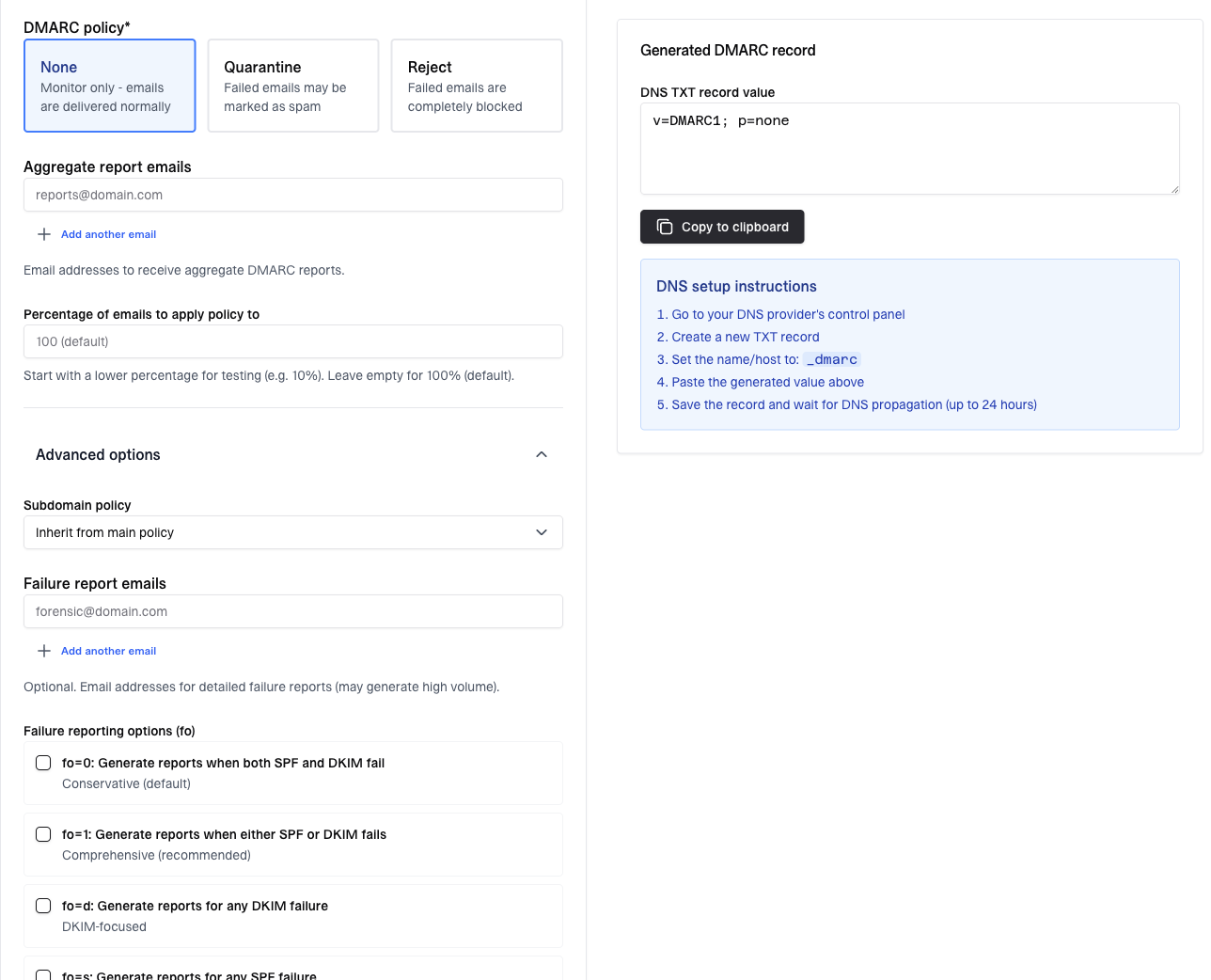 DMARC record generator widget with policy, reporting, advanced options, and generated record output