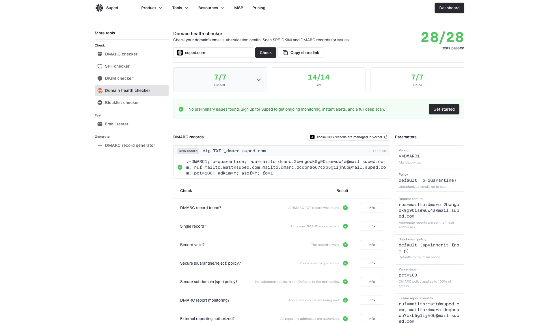 Domain health checker sample results showing DMARC, SPF, DKIM scorecards and detailed validation checks