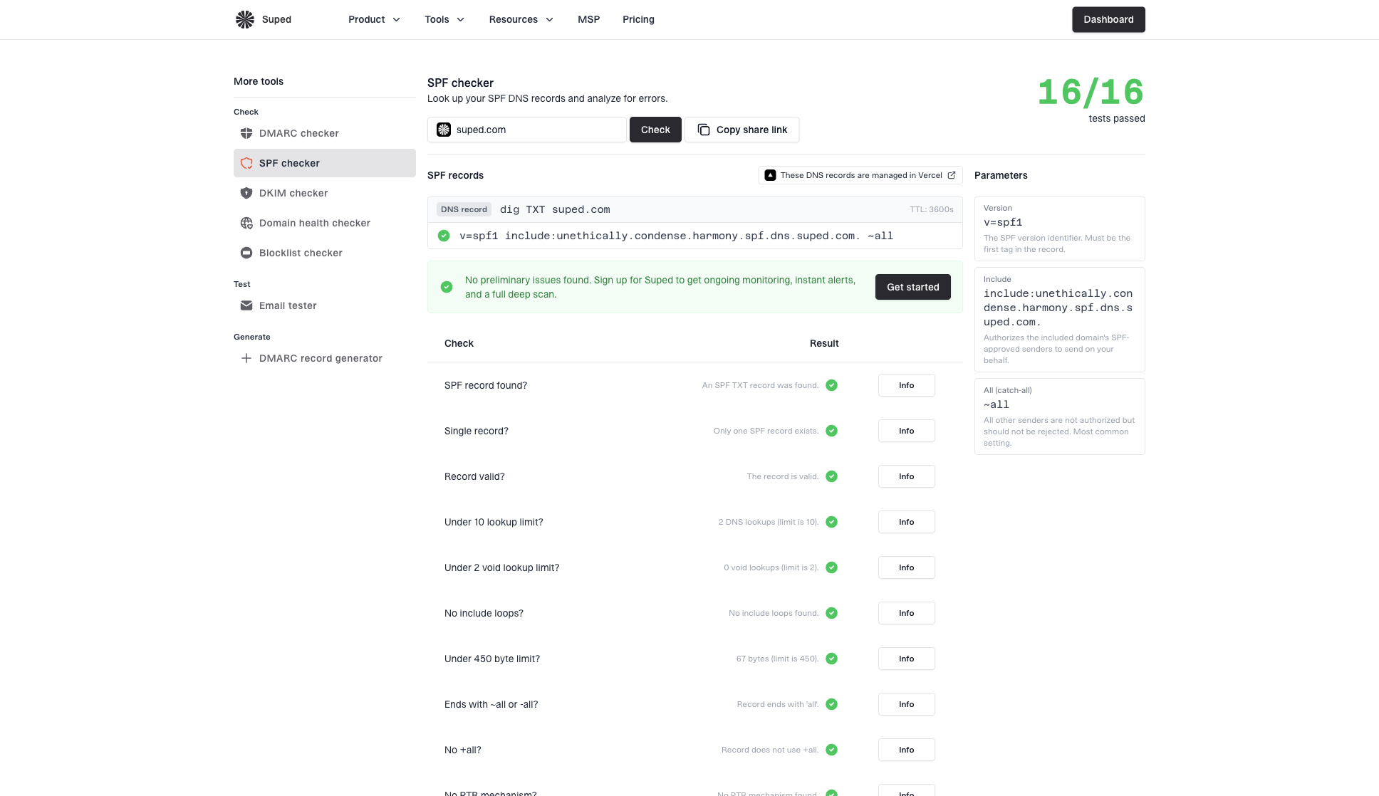 SPF checker sample results showing SPF record output, validation checks, parameters, and share link