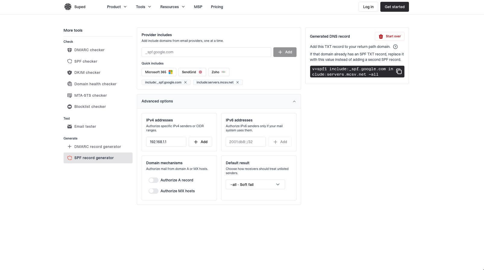 SPF record generator showing start options, sender fields, and generated TXT record output